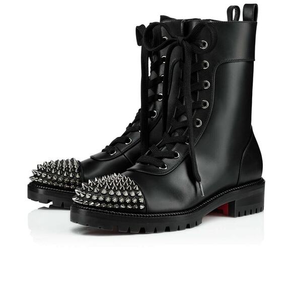 Christian Louboutin TS Croc Flat Black Calf Leather Spike Combat Ankle Boot 36 - Picture 1 of 9